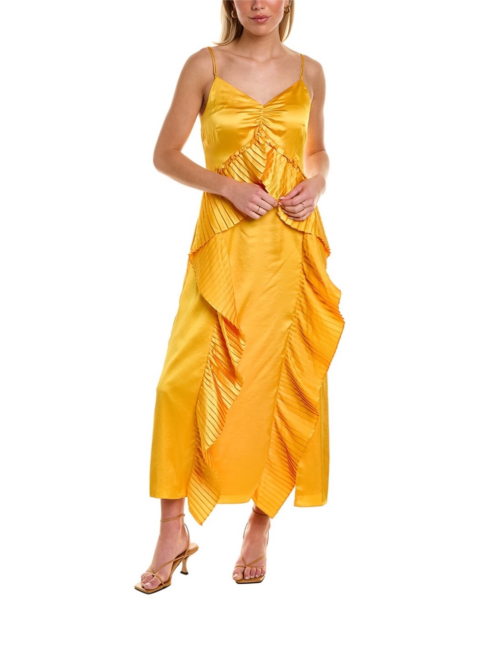 AMUR Leena Dress - Yellow Satin Ruffle Slip Dress